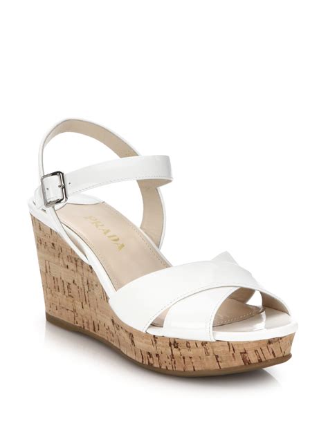 prada white patent wedge sandals|prada slide sandals kitten heel.